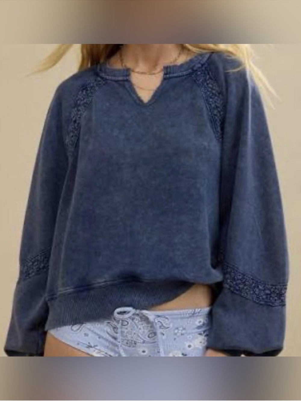 Aerie Hey Crochet mineral wash sweatshirt with bohemian touch